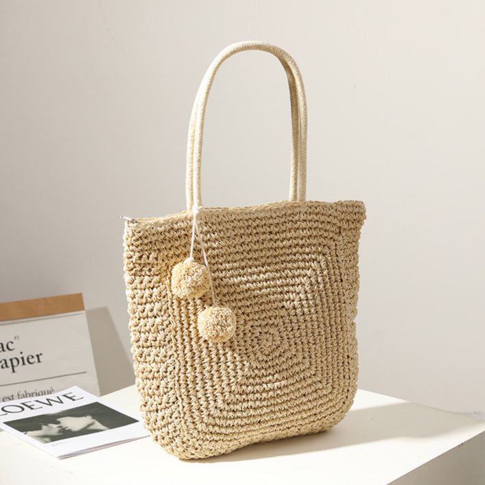 Ielgy Cute Fur Ball Straw Bag All-Match Large-Capacity Hand-Woven One-Shoulder Portable Be