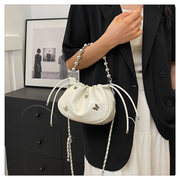 Ielgy Simple Fashion Bucket Female Bag Silver Shoulder Messenger Bag Drawstring Butterfly Eel Portable Small Square Bag