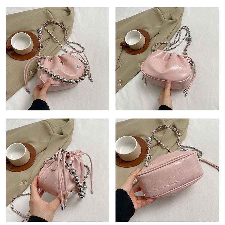 Ielgy Simple Fashion Bucket Female Bag Silver Shoulder Messenger Bag Drawstring Butterfly Eel Portable Small Square Bag