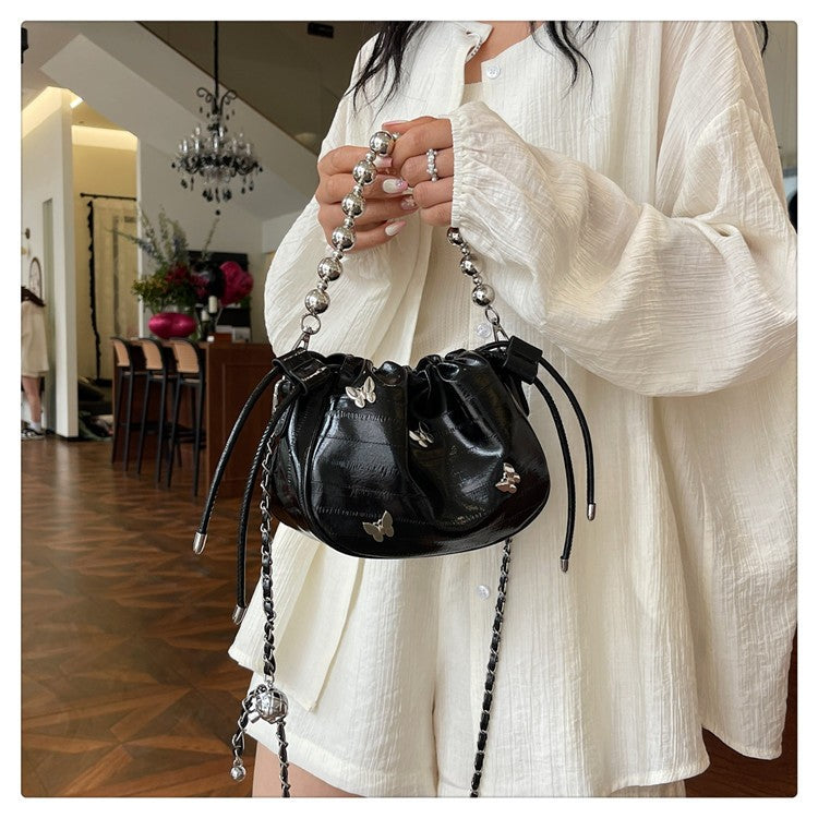 Ielgy Simple Fashion Bucket Female Bag Silver Shoulder Messenger Bag Drawstring Butterfly Eel Portable Small Square Bag