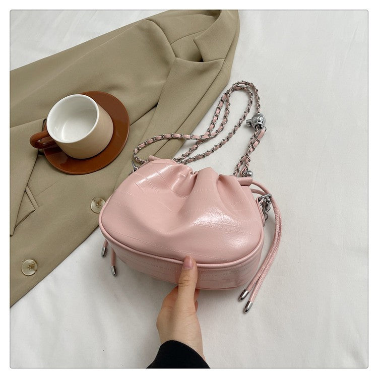Ielgy Simple Fashion Bucket Female Bag Silver Shoulder Messenger Bag Drawstring Butterfly Eel Portable Small Square Bag