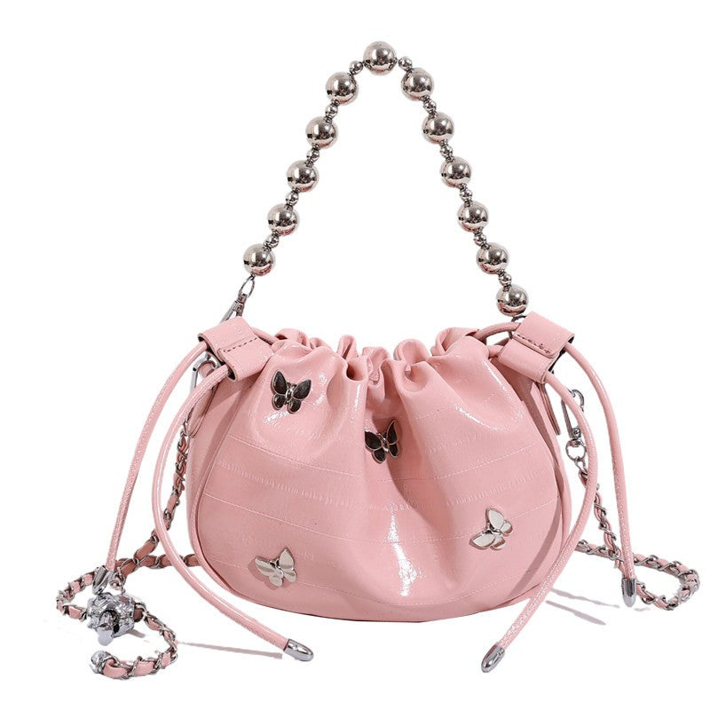 Ielgy Simple Fashion Bucket Female Bag Silver Shoulder Messenger Bag Drawstring Butterfly Eel Portable Small Square Bag