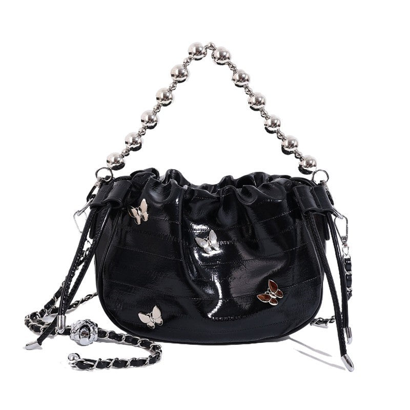 Ielgy Simple Fashion Bucket Female Bag Silver Shoulder Messenger Bag Drawstring Butterfly Eel Portable Small Square Bag