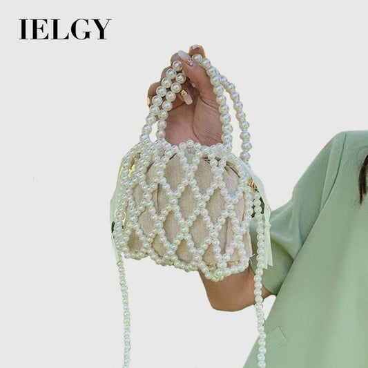 IELGY French Retro Fairy Bag Woven Beaded Bucket Bag Portable Crossbody Bag Summer Xiaozhong Design Hollow Pearl Bag