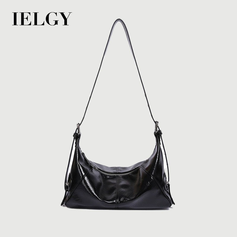 IELGY retro oil wax leather messenger bag, crescent bag, large-capacity versatile single shoulder wide shoulder strap textured women's bag