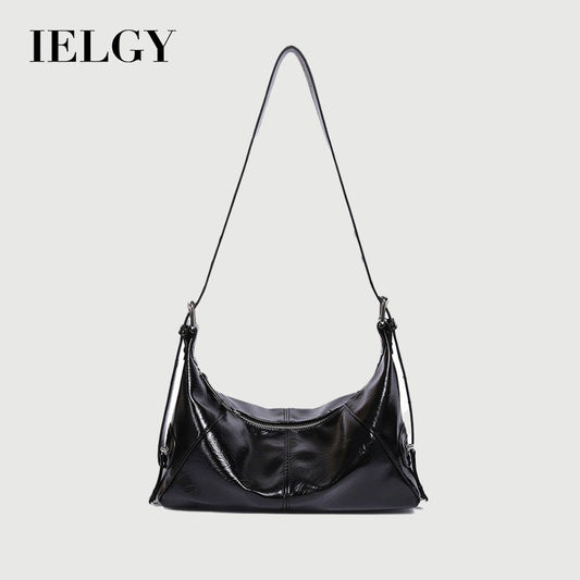 IELGY retro oil wax leather messenger bag, crescent bag, large-capacity versatile single shoulder wide shoulder strap textured women's bag