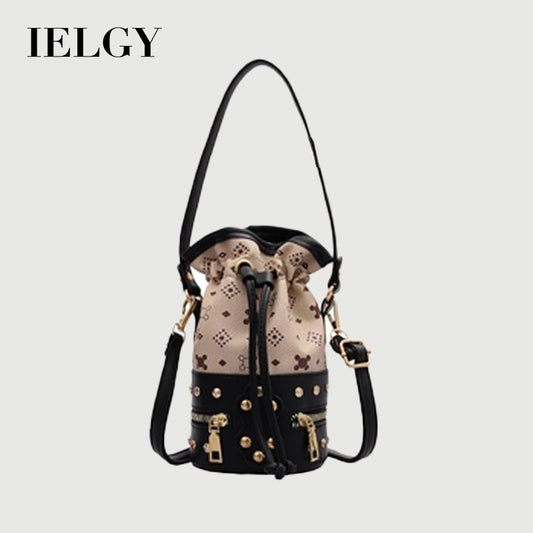 IELGY Women's bag bucket crossbody casual PU retro fashion rivet black all-match