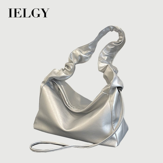 Ielgy Ladies Silver All-Match Underarm Cloud Bag Simple Pleated Fashionable One-Shoulder Dumpling Bag