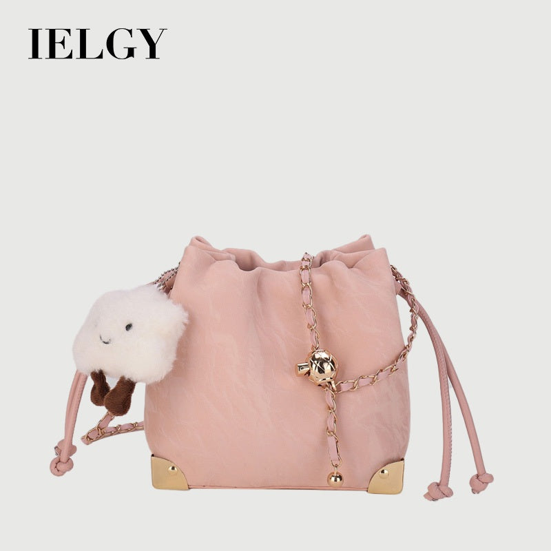 Ielgy Fashion Drawstring All-Match Cross-Body Bucket Bag Pink, White, Black Chain Drawstring Bag