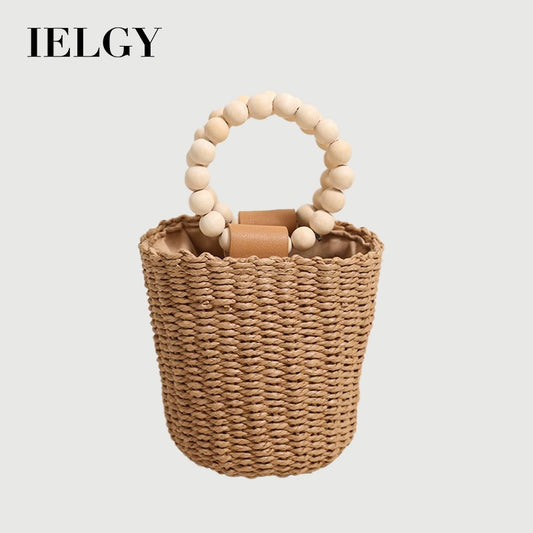Ielgy Cute Beaded Portable Straw Bucket Bag Hand-Carrying Straw Bag Vacation Style Beach Woven Bag All-Match