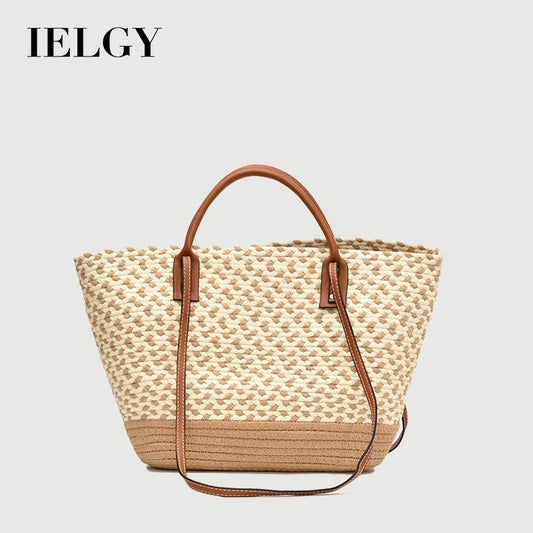 Ielgy Bohemian Style Hand-Woven Bag Seaside Vacation Travel Straw Woven Large Capacity Leisure Simple Commuter Female Bag