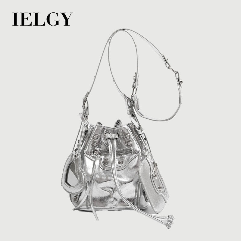 Ielgy Ladies All-Match Drawstring Silver Female Bag Fashion Bucket Bag Rivet Motorcycle Bag Casual Commuter Shoulder Messenger