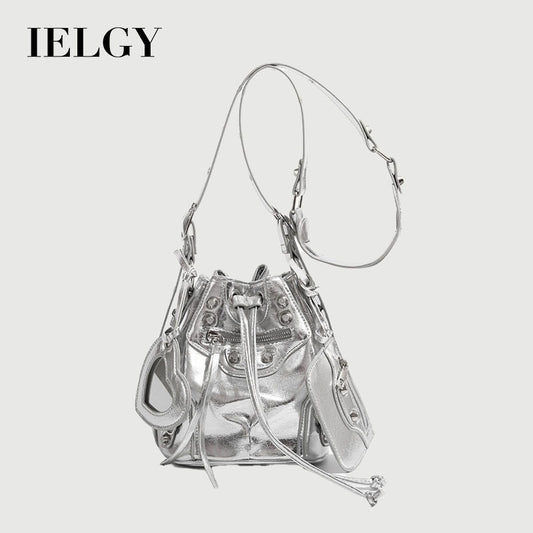 Ielgy Ladies All-Match Drawstring Silver Female Bag Fashion Bucket Bag Rivet Motorcycle Bag Casual Commuter Shoulder Messenger