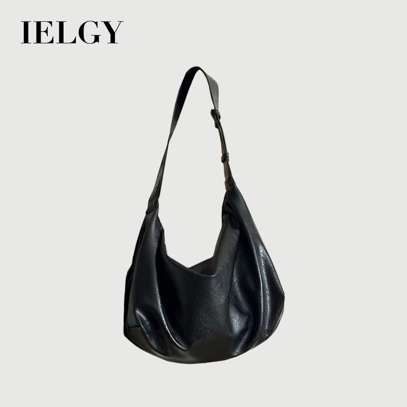 Ielgy Soft Leather Large-Capacity Black Dumpling Bag Retro High-End Casual One-Shoulder Messenger Tote Bag