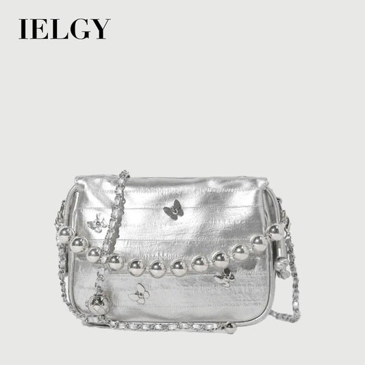 Ielgy Simple Fashion Bucket Female Bag Silver Shoulder Messenger Bag Drawstring Butterfly Eel Portable Small Square Bag
