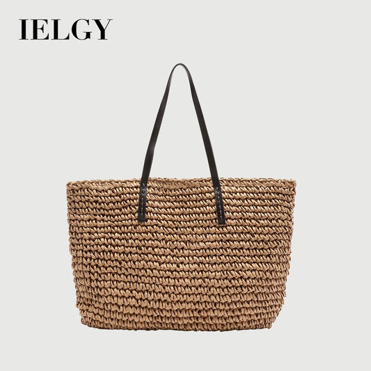 Ielgy Summer Pastoral Style Woven Beach Bag Leisure Seaside Vacation Portable Female Bag Large Capacity Straw Woven