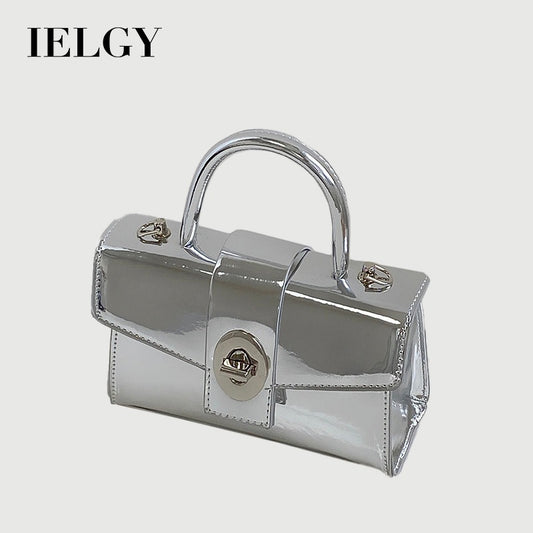 Ielgy Ladies Patent Leather Silver Locomotive Small Square Bag Hot Girl Fashion All-Match One-Shoulder Messenger Bag