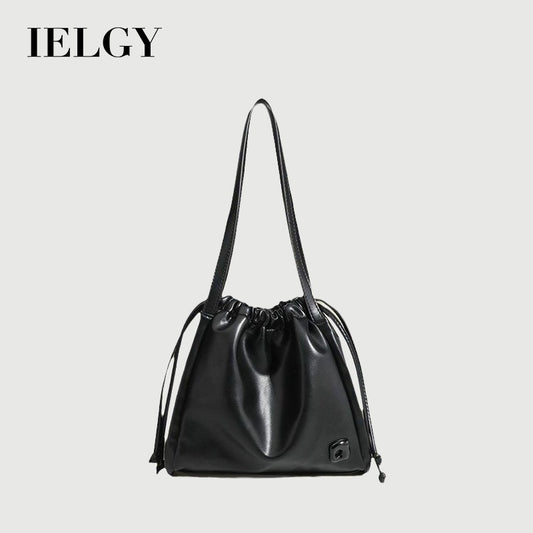 Ielgy Black Large Capacity Drawstring Tote Bag High-End Texture Niche Commuter Soft Leather Shoulder Bag