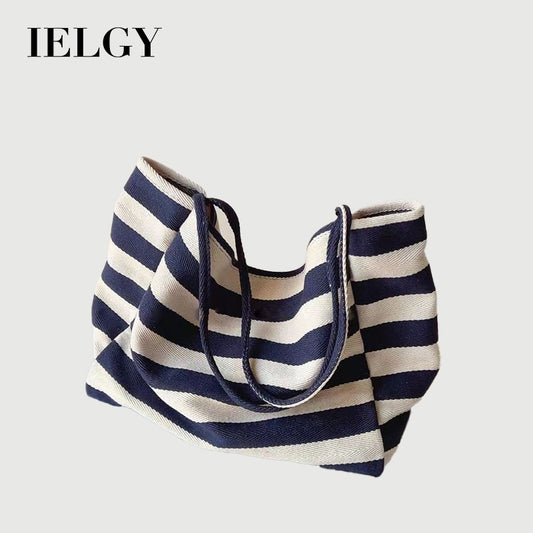 Ielgy Korean Literary Contrast Color Striped Canvas Tote Bag Large Capacity One Shoulder Lazy Style Shopping Bag Big Bag