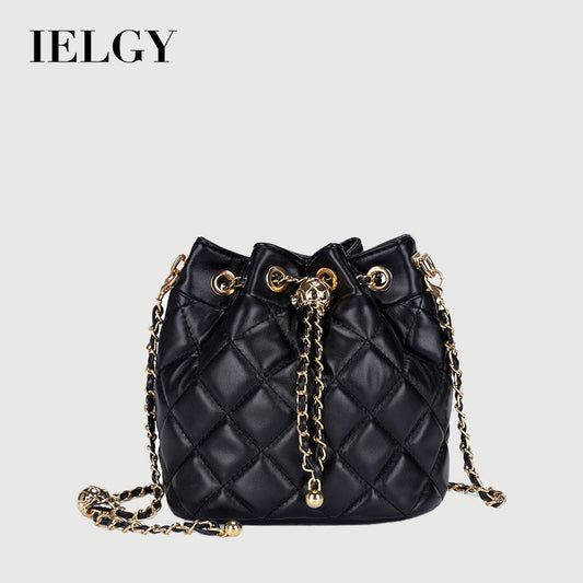 Ielgy Diamond Chain Crossbody Drawstring Bucket Bag Round Barrel Shoulder Bag