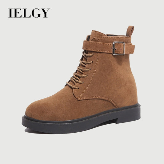 IELGY Fashion Belt Buckle Women's Boots Lace-up Flat Women Suede Korean Style