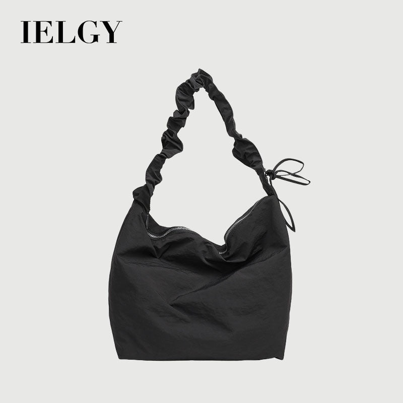 Ielgy Japanese Casual Drawstring Handbag Small Fresh Pleated Shoulder Fashion Nylon Cloth Crossbody Bag