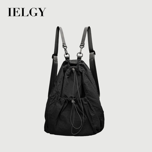 Ielgy Korean Version Casual Literary Canvas Backpack Fashion Nylon Large Capacity School Bag Drawstring Pleated Backpack