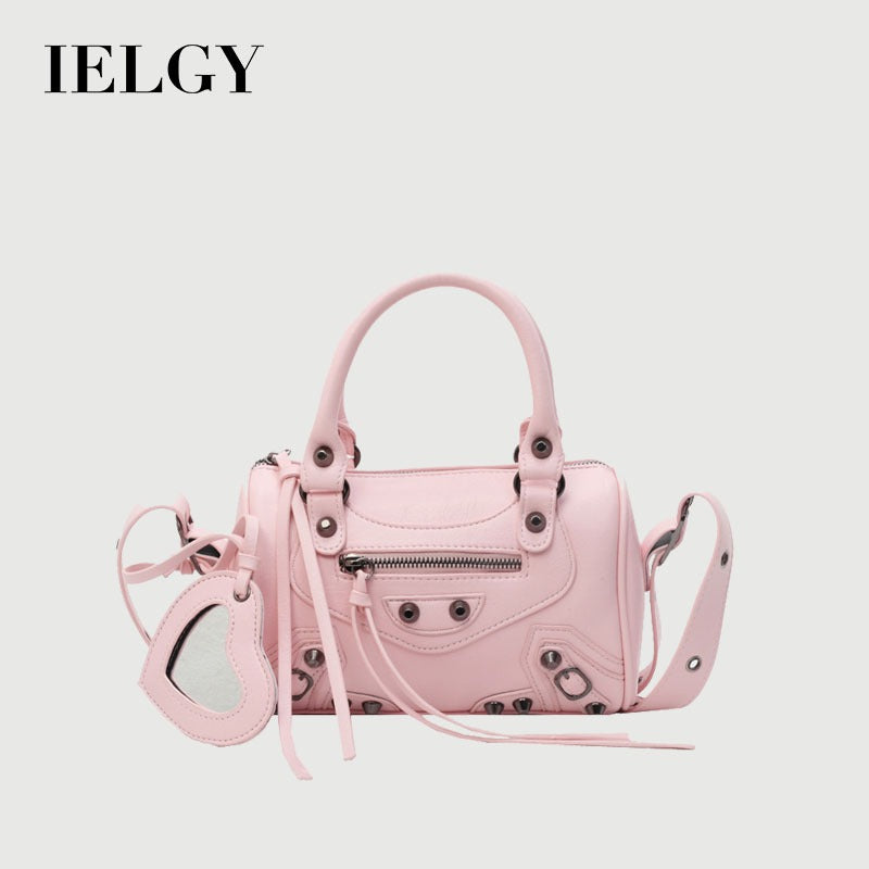 Ielgy High-End Rivets Hot Girl Style Texture Boston Handbag Niche One-Shoulder Messenger Motorcycle Bag