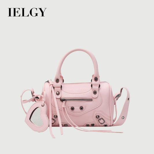 Ielgy High-End Rivets Hot Girl Style Texture Boston Handbag Niche One-Shoulder Messenger Motorcycle Bag