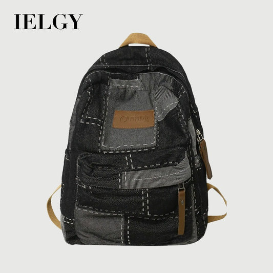 Ielgy Korean Version Lazy Style Denim Schoolbag Preppy Style Student Backpack Washed Retro Stitching Denim Backpack