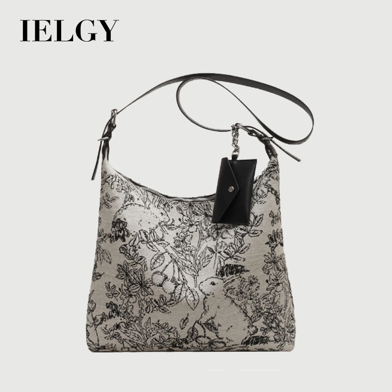 Ielgy Casual Messenger Tote Bag Embroidered Jacquard Fabric Fashion Large-Capacity Shoul