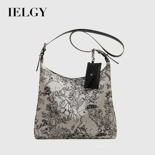 Ielgy Casual Messenger Tote Bag Embroidered Jacquard Fabric Fashion Large-Capacity Shoul