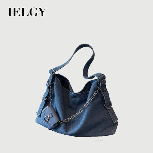 Ielgy Canvas Large Capacity Casual Retro Denim Underarm Bag Commuter Tote Bag