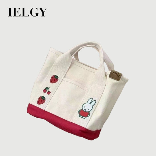 Ielgy Cartoon Strawberry Rabbit Embroidered Canvas Bag Outing Hand Bag Lunch Bag Office Worker Portable Storage Bag