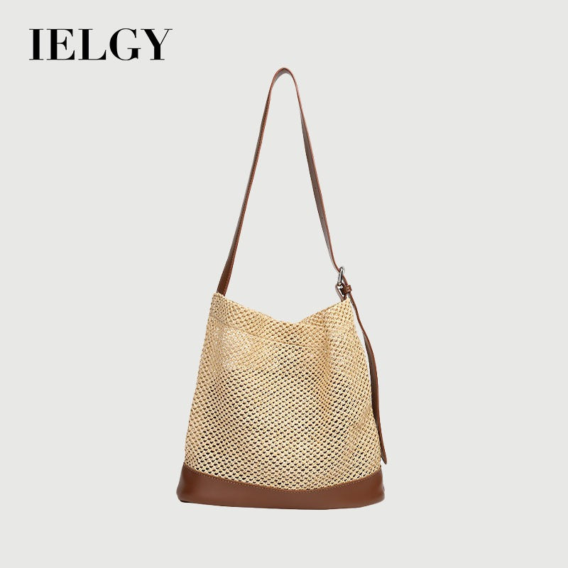 Ielgy Japanese Casual Stitching Child-Mother Bag Vacation Beach Straw Woven One-Shoulder Messenger Fe