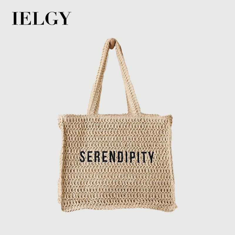 Ielgy Ladies Square Straw Bag Letter Embroidery One-Shoulder Portable Large-Capacity Woven Bag Vacation Be