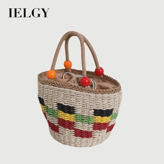 Ielgy Cute Wooden Bead Portable Straw Bag Small Fresh Colorful Lattice Hand-Carrying Woven Bag Fruit Picnic Basket Beach Bag