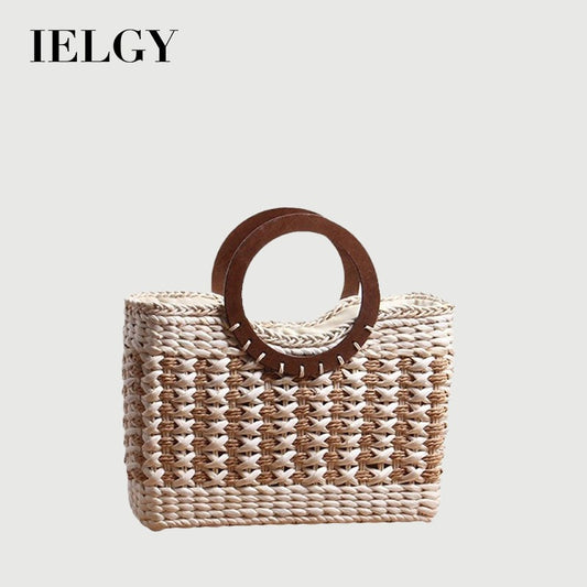 Ielgy Ladies Retro Striped Straw Bag Mori Series Large Capacity Vacation Rattan Beach Bag