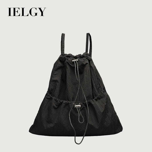 Ielgy Japanese Casual Art Canvas Backpack Fashion Drawstring Pleated School Bag Nylon Large-Capacity Backpack Khaki