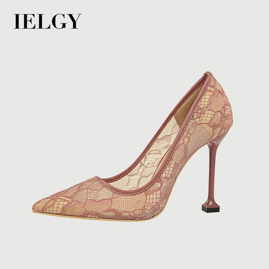 IELGY Sexy women's shoes nightclub lace hollow mesh was thin shallow mouth pointed heels