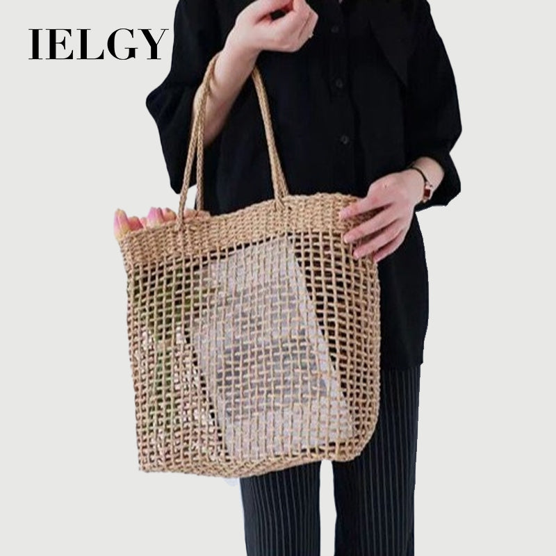 Ielgy Korean Style Large-Capacity Straw Beach Bag Hollow One-Shoulder Portable Woven Female Bag Seaside Vacation