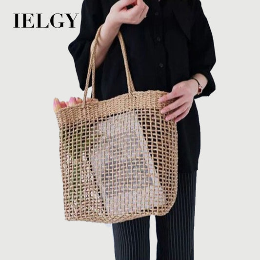 Ielgy Korean Style Large-Capacity Straw Beach Bag Hollow One-Shoulder Portable Woven Female Bag Seaside Vacation