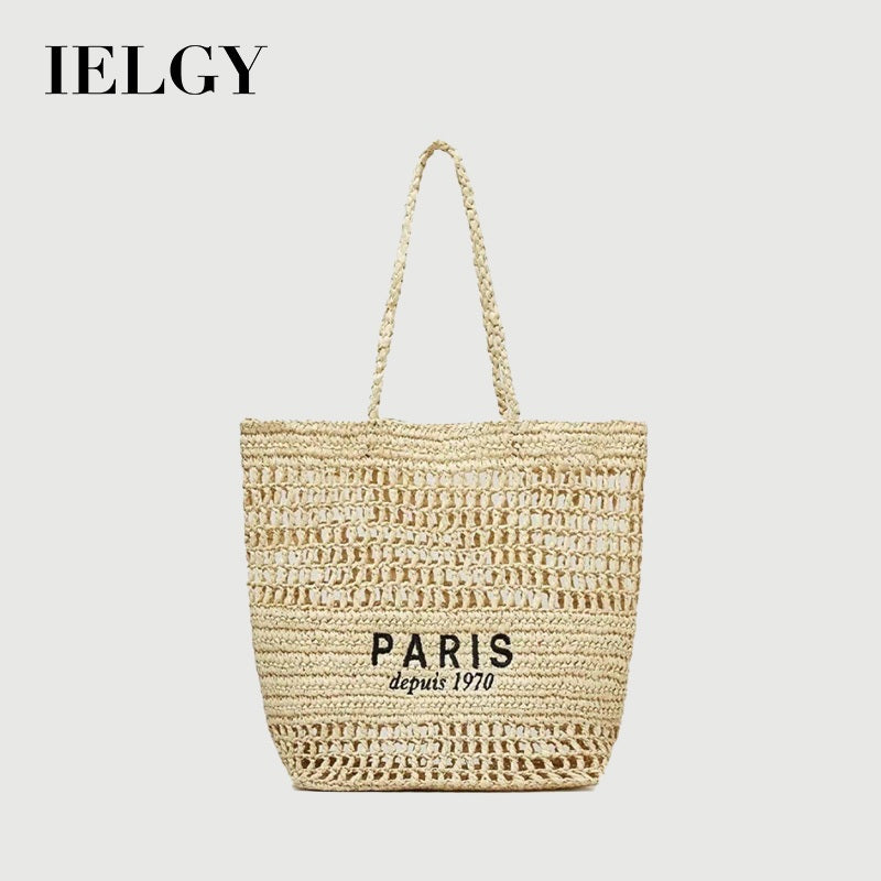 Ielgy Letter Embroidery One-Shoulder Straw Bag All-Match Large-Capacity Woven Vacation Beach Female Bag