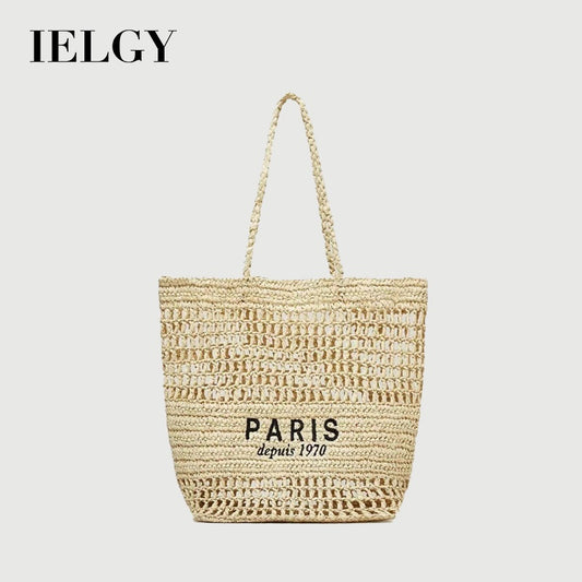 Ielgy Letter Embroidery One-Shoulder Straw Bag All-Match Large-Capacity Woven Vacation Beach Female Bag
