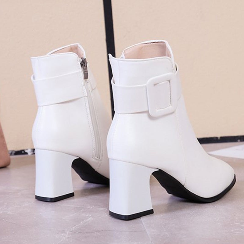 IELGY Fashion Women's Leather Boots PU Square Heel Round Toe Side Zipper Artificial Short Plush Short Tube
