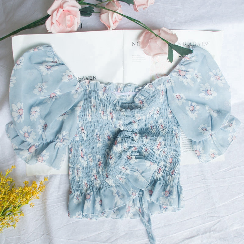 IELGY Chi Ruffle versatile Pleated Chiffon shirt 2020 new bubble sleeve drawstring lace up top
