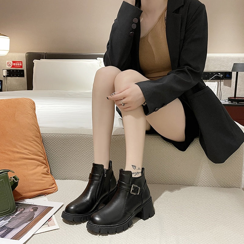IELGY black round toe high-heeled Martin boots thick heel waterproof platform female trend
