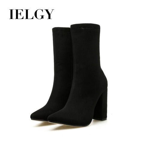 IELGY Black high heel women boots block booties pointy club sexy thick heels large size