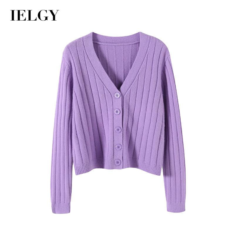 IELGY fashion solid color button outer loose long-sleeved v-neck knitted cardigan women