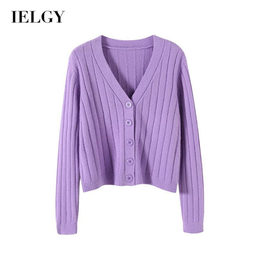 IELGY fashion solid color button outer loose long-sleeved v-neck knitted cardigan women